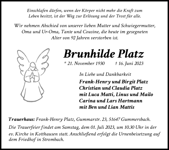 Anzeige von Brunhilde Platz von Kölner Stadt-Anzeiger / Kölnische Rundschau / Express