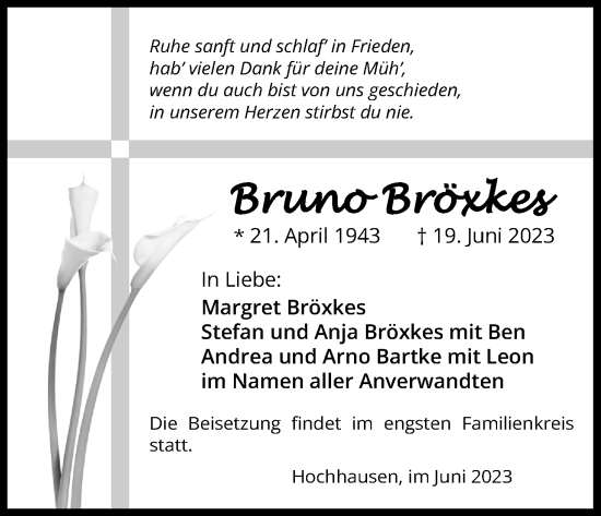 Anzeige von Bruno Bröxkes von Kölner Stadt-Anzeiger / Kölnische Rundschau / Express