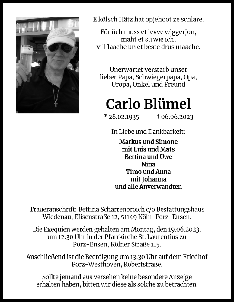  Traueranzeige für Carlo Blümel vom 14.06.2023 aus Kölner Stadt-Anzeiger / Kölnische Rundschau / Express