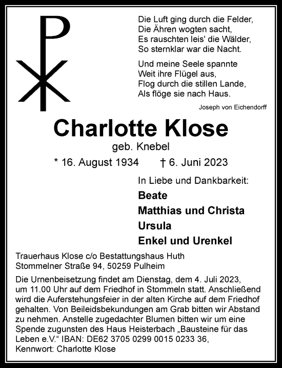 Anzeige von Charlotte Klose von  Wochenende 