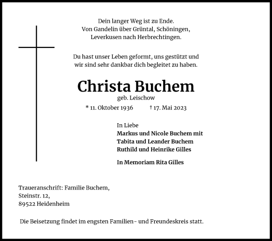 Anzeige von Christa Buchem von Kölner Stadt-Anzeiger / Kölnische Rundschau / Express