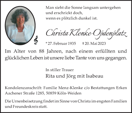 Anzeige von Christa Klenke-Opdenplatz von Kölner Stadt-Anzeiger / Kölnische Rundschau / Express
