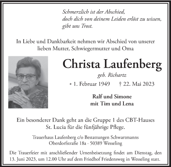 Anzeige von Christa Laufenberg von  Schlossbote/Werbekurier 