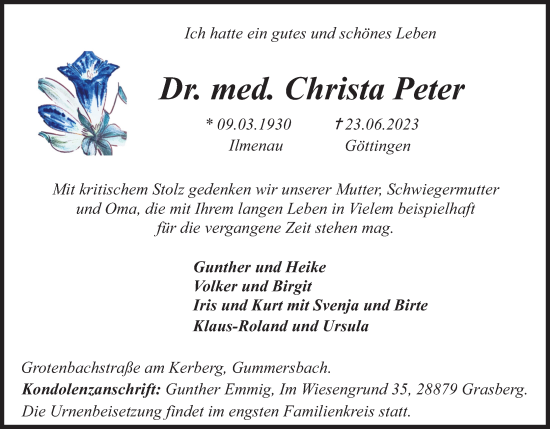 Anzeige von Christa Peter von Kölner Stadt-Anzeiger / Kölnische Rundschau / Express