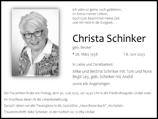 Anzeige von Christa Schinker von  Anzeigen Echo 