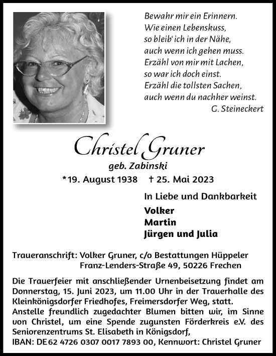 Anzeige von Christel Gruner von Kölner Stadt-Anzeiger / Kölnische Rundschau / Express
