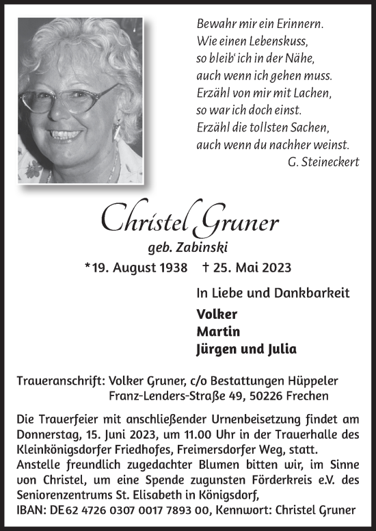 Anzeige von Christel Gruner von  Wochenende 