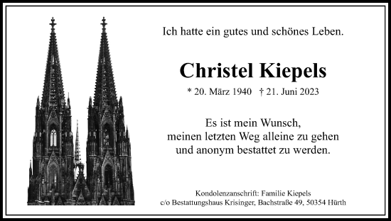 Anzeige von Christel Kiepels von Kölner Stadt-Anzeiger / Kölnische Rundschau / Express