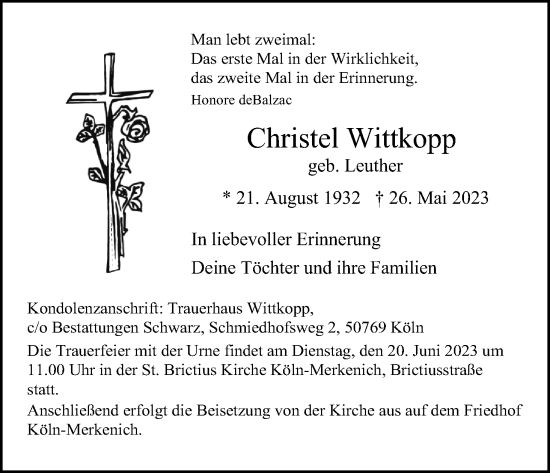 Anzeige von Christel Wittkopp von Kölner Stadt-Anzeiger / Kölnische Rundschau / Express