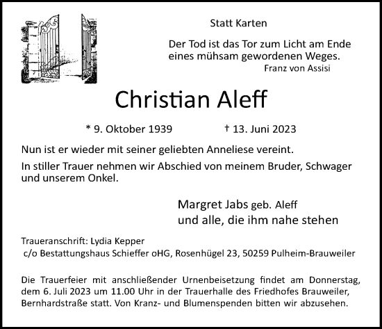 Anzeige von Christian Aleff von Kölner Stadt-Anzeiger / Kölnische Rundschau / Express