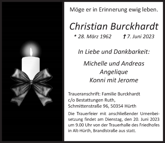 Anzeige von Christian Burckhardt von  Wochenende 