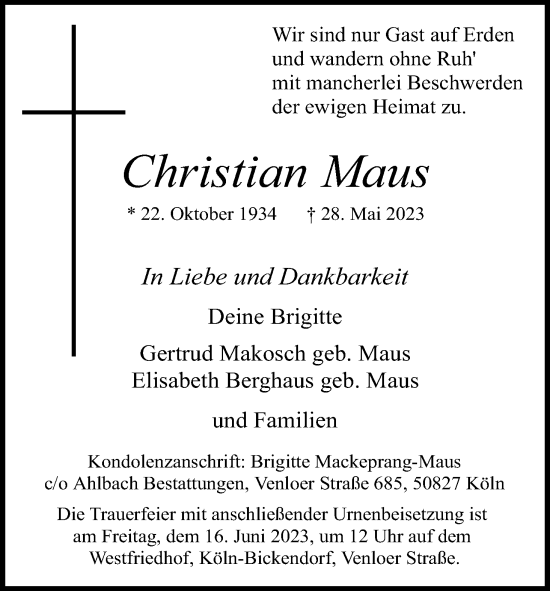 Anzeige von Christian Maus von Kölner Stadt-Anzeiger / Kölnische Rundschau / Express