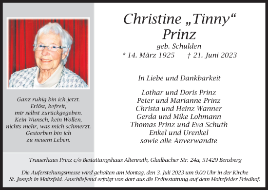 Anzeige von Christine Prinz von Kölner Stadt-Anzeiger / Kölnische Rundschau / Express