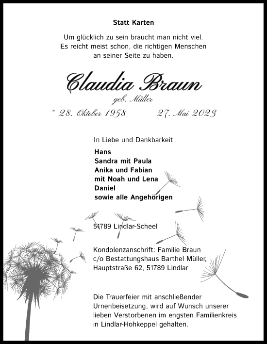 Anzeige von Claudia Braun von Kölner Stadt-Anzeiger / Kölnische Rundschau / Express
