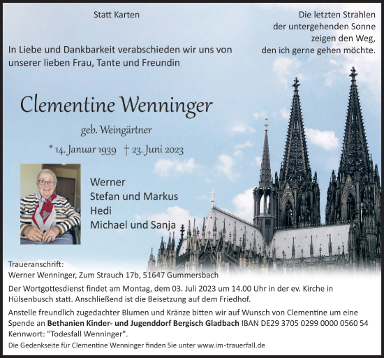 Anzeige von Clementine Wenninger von  Anzeigen Echo 