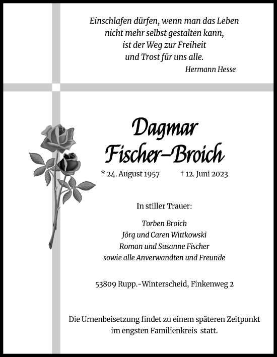 Anzeige von Dagmar Fischer-Broich von Kölner Stadt-Anzeiger / Kölnische Rundschau / Express