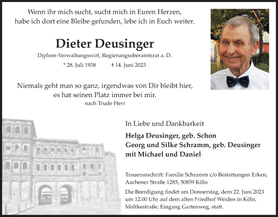 Anzeige von Dieter Deusinger von Kölner Stadt-Anzeiger / Kölnische Rundschau / Express