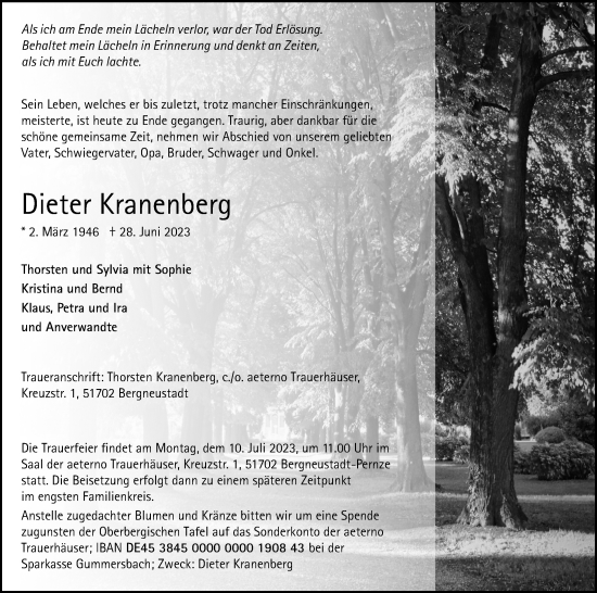 Anzeige von Dieter Kranenberg von Kölner Stadt-Anzeiger / Kölnische Rundschau / Express