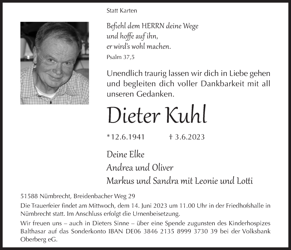  Traueranzeige für Dieter Kuhl vom 09.06.2023 aus  Anzeigen Echo 