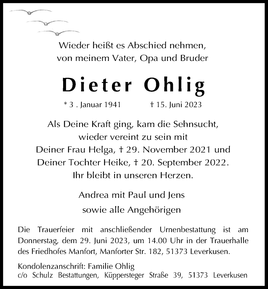  Traueranzeige für Dieter Ohlig vom 24.06.2023 aus Kölner Stadt-Anzeiger / Kölnische Rundschau / Express