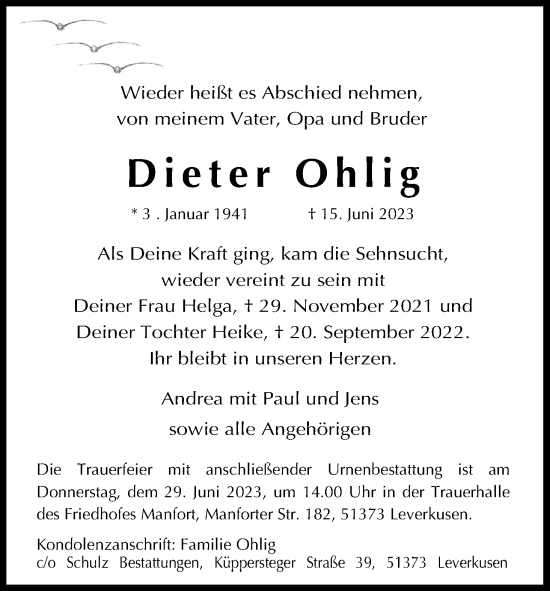 Anzeige von Dieter Ohlig von Kölner Stadt-Anzeiger / Kölnische Rundschau / Express