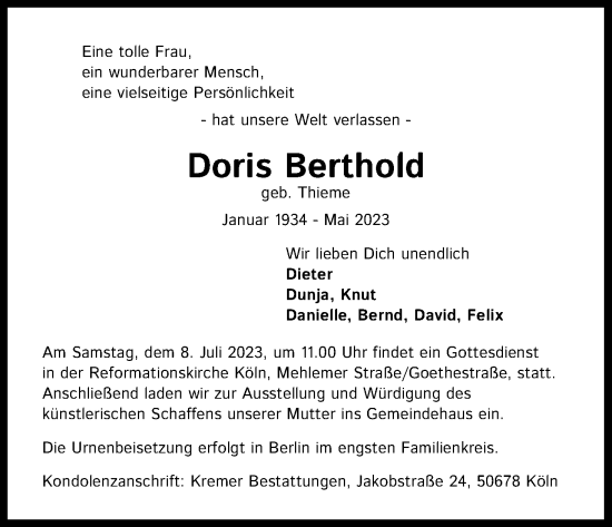 Anzeige von Doris Berthold von Kölner Stadt-Anzeiger / Kölnische Rundschau / Express