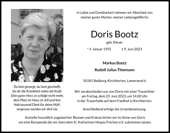 Anzeige von Doris Bootz von Kölner Stadt-Anzeiger / Kölnische Rundschau / Express