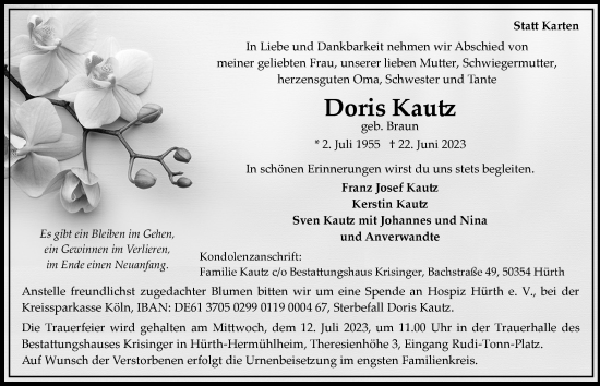Anzeige von Doris Kautz von  Wochenende 