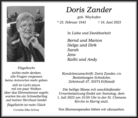 Anzeige von Doris Zander von  Werbepost 
