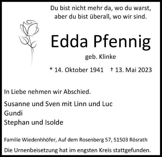 Anzeige von Edda Pfennig von Kölner Stadt-Anzeiger / Kölnische Rundschau / Express