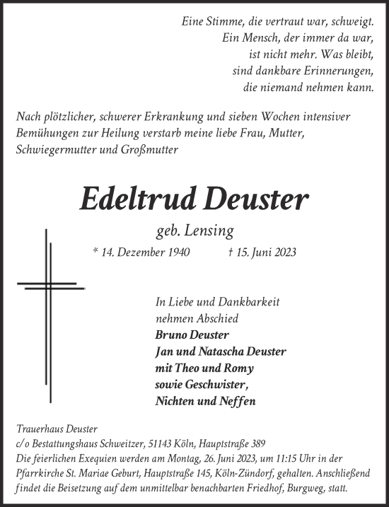 Anzeige von Edeltrud Deuster von  EXPRESS - Die Woche 