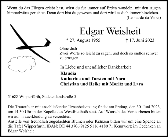 Anzeige von Edgar Weisheit von Kölner Stadt-Anzeiger / Kölnische Rundschau / Express