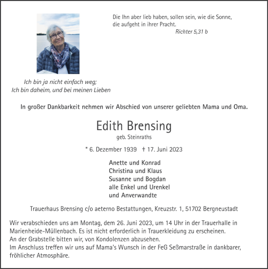 Anzeige von Edith Brensing von  Anzeigen Echo 