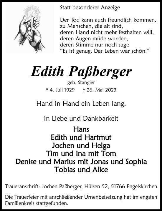 Anzeige von Edith Paßberger von  Anzeigen Echo 