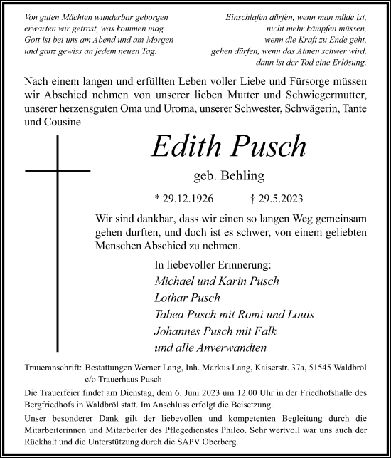 Anzeige von Edith Pusch von Kölner Stadt-Anzeiger / Kölnische Rundschau / Express