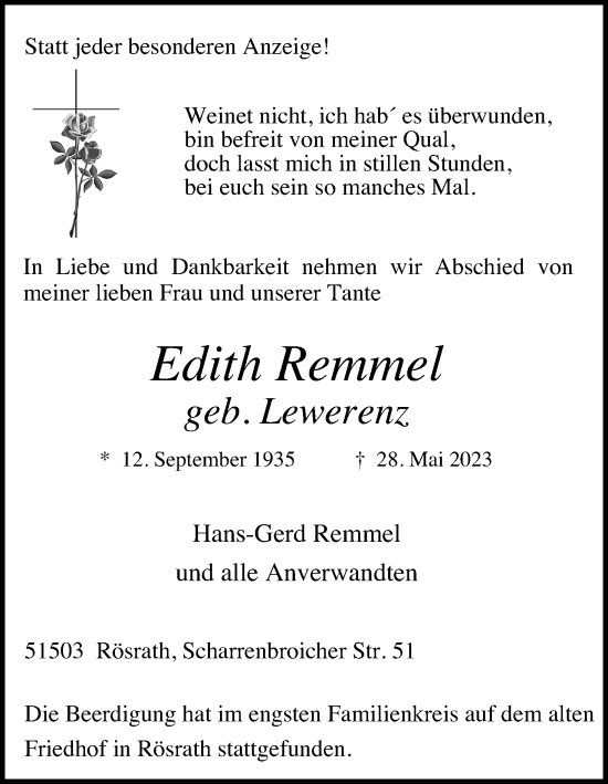 Anzeige von Edith Remmel von Kölner Stadt-Anzeiger / Kölnische Rundschau / Express