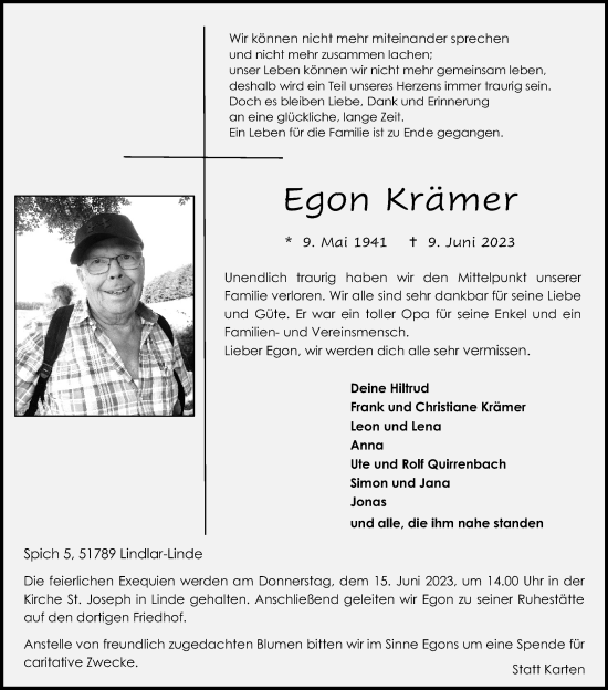 Anzeige von Egon Krämer von Kölner Stadt-Anzeiger / Kölnische Rundschau / Express