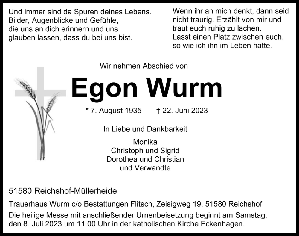  Traueranzeige für Egon Wurm vom 30.06.2023 aus  Anzeigen Echo 