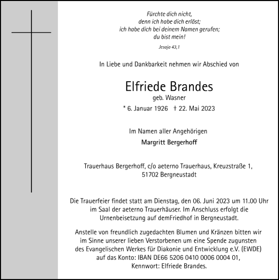 Anzeige von Elfriede Brandes von  Anzeigen Echo 