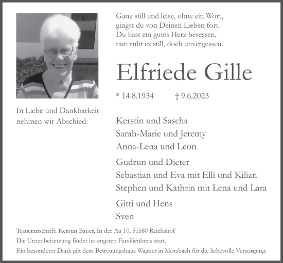 Anzeige von Elfriede Gille von  Lokalanzeiger 