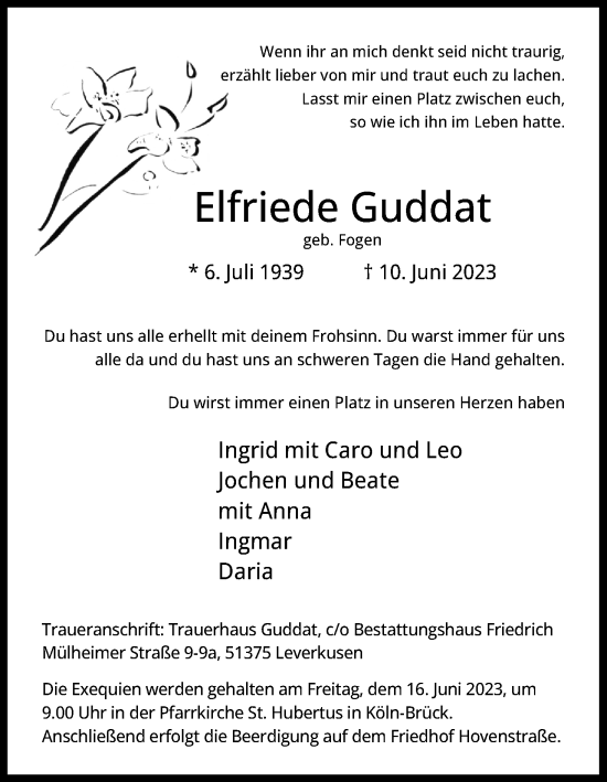 Anzeige von Elfriede Guddat von Kölner Stadt-Anzeiger / Kölnische Rundschau / Express