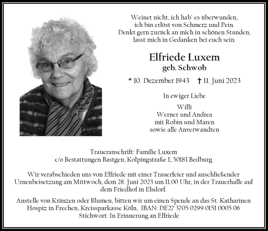 Anzeige von Elfriede Luxem von  Werbepost 