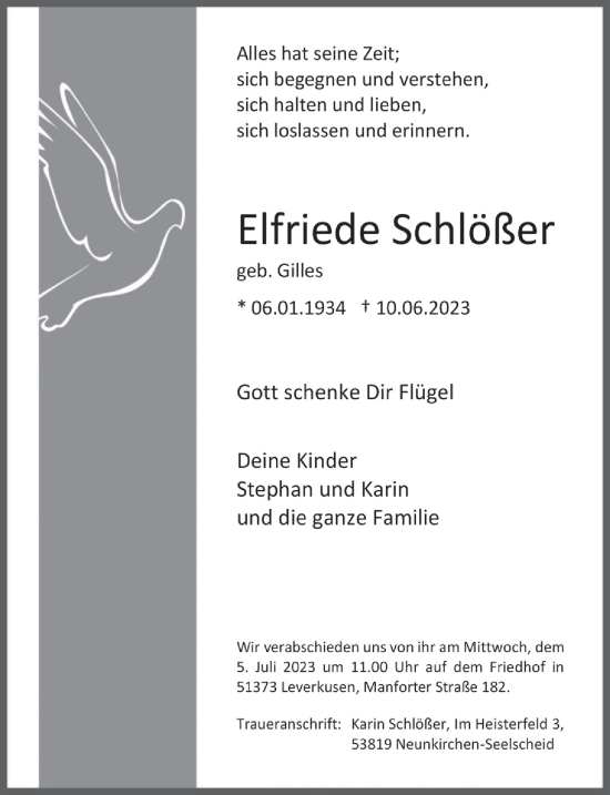 Anzeige von Elfriede Schlößer von  Lokale Informationen 