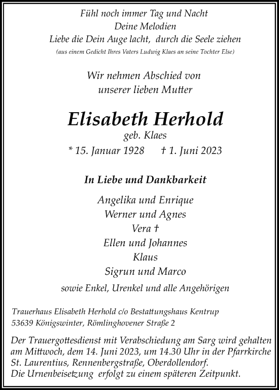Anzeige von Elisabeth Herhold von Kölner Stadt-Anzeiger / Kölnische Rundschau / Express