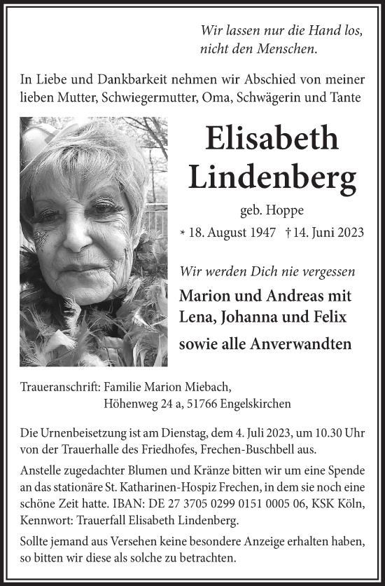 Anzeige von Elisabeth Lindenberg von  Wochenende 