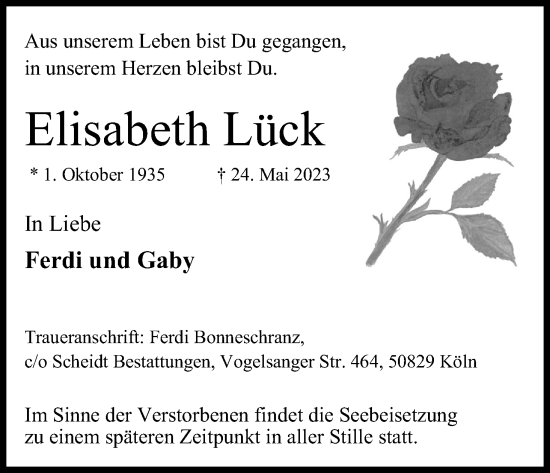 Anzeige von Elisabeth Lück von Kölner Stadt-Anzeiger / Kölnische Rundschau / Express