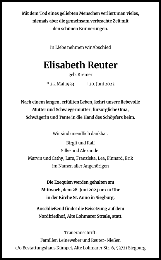 Anzeige von Elisabeth Reuter von Kölner Stadt-Anzeiger / Kölnische Rundschau / Express