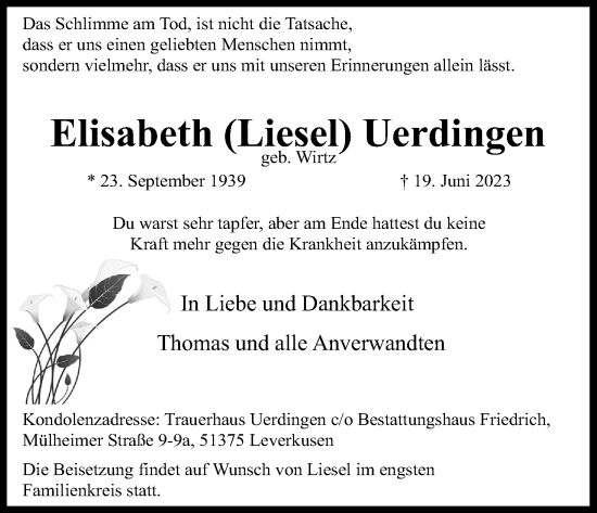 Anzeige von Elisabeth Uerdingen von Kölner Stadt-Anzeiger / Kölnische Rundschau / Express