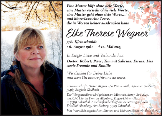 Anzeige von Elke Therese Wegner von  Bergisches Handelsblatt 