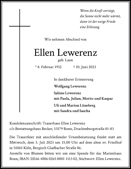 Anzeige von Ellen Lewerenz von Kölner Stadt-Anzeiger / Kölnische Rundschau / Express
